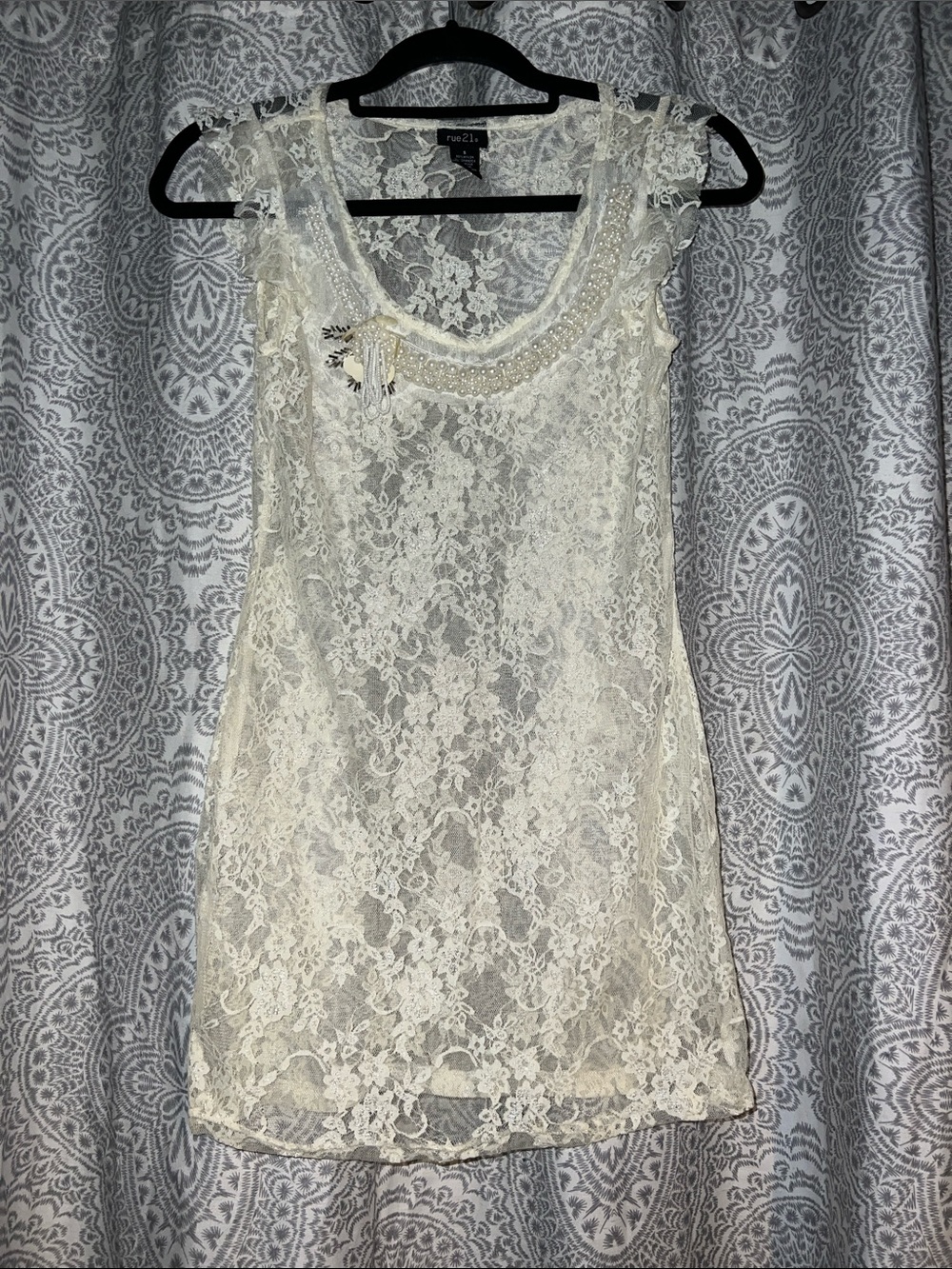 Rue21 Ivory Lace Sleeveless Chemise with Pearled Scoop Neck